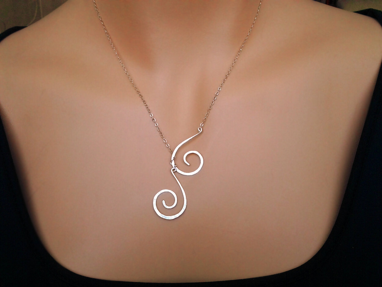 Silver Or Gold Lariat Spiral Necklace,Lariat, Hammered Necklace, Spiral